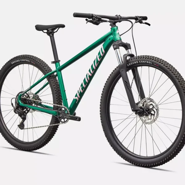91826-67_ROCKHOPPER-SPORT-PNGRN-DSRTRS_FDSQ Specialized Rockhopper Sport Verde Pino/Rosa Desierto - vista frontal detalle
